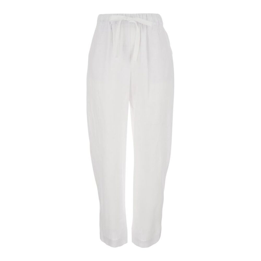 Semicouture Women White Pants With Elastic Drawstring Waist In Linen For Women